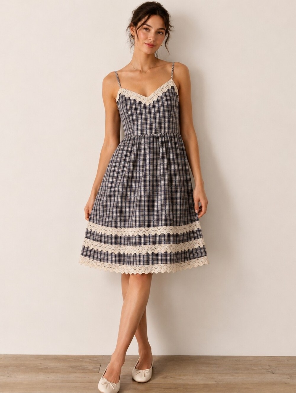 Moulinette Soeurs Plaid Lace Trim Sundress Size 10 Cottagecore Blue Cream Cotton